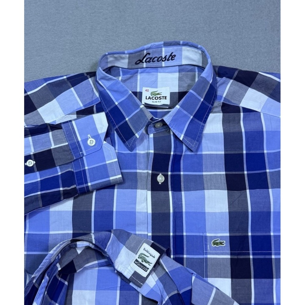 Lacoste Button Shirt Mens 40 M Blue Plaid Check Poplin Normcore Dadcore Slim